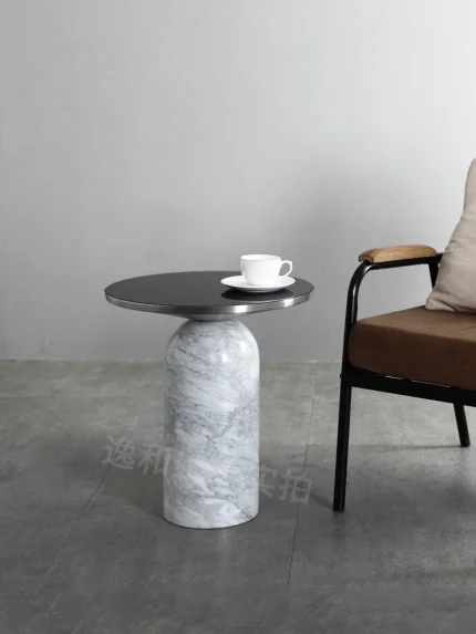 Nordic Luxury Natural Marble Side Table – Small Round Stone Coffee Table for Hotel or Home Decor