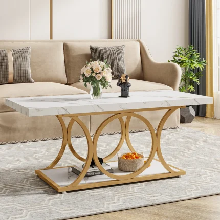 Modern 47.24” Faux Marble Coffee Table with 2 Tiers – Chic Living Room Storage and Display Table