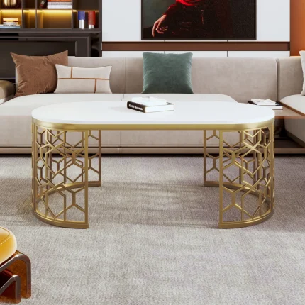 Modern 47.2” Oval Coffee Table with Cut-Out Stainless Steel Base – Contemporary Centerpiece for Living Room