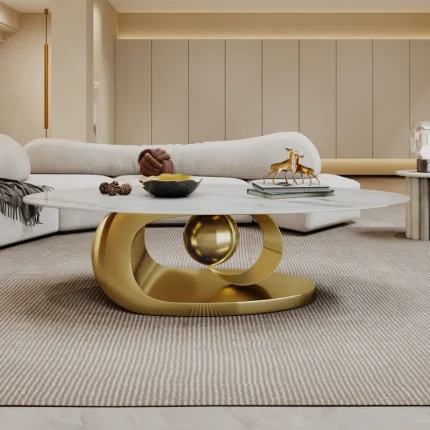 Elegant Oval Coffee Table with White Stone Top and Gold Base – Modern Glam Living Room Decor