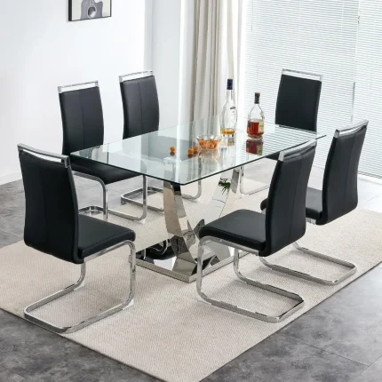 6-Piece Modern Minimalist Dining Set with 63” Glass Table and PU Leather Chairs for Kitchen Dining