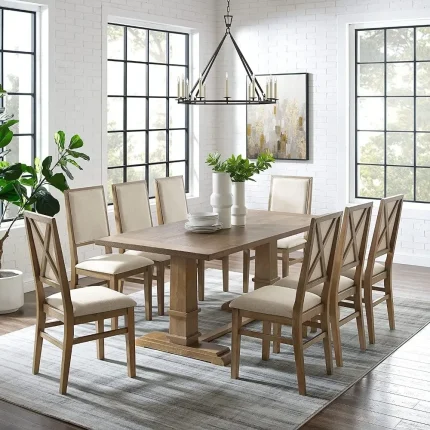 9-Piece Rustic Farmhouse Dining Set for 8 – Upholstered Chairs & Wood Table, Brown & Cream Finish