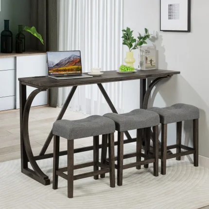 4-Piece Modern Bar Table Set with Power Outlet – Space-Saving Dining Table and 3 Padded Stools