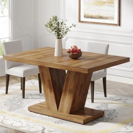47” Farmhouse Wooden Dining Table – Heavy Duty Pedestal Base, Walnut Brown Finish, Ideal for Seating 4 People