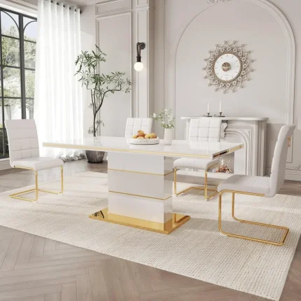 5-Piece White High Gloss Dining Set – 63” Modern Table with PU Upholstered Chairs, Easy to Clean