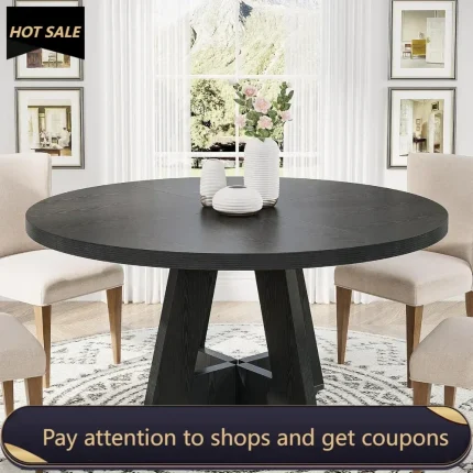 47” Round Farmhouse Wood Dining Table – Black Base, Wooden Top, Perfect for Kitchen or Dining Room Seating 4