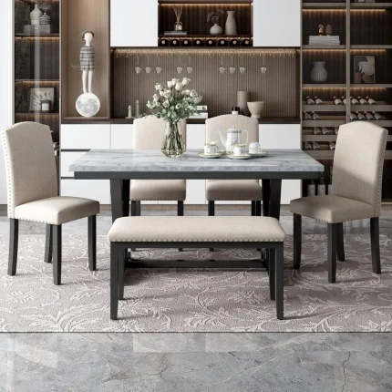 6-Piece Modern Dining Set – Marbled Veneer Tabletop, V-Leg Table, Bench and Chairs for Kitchen or Living