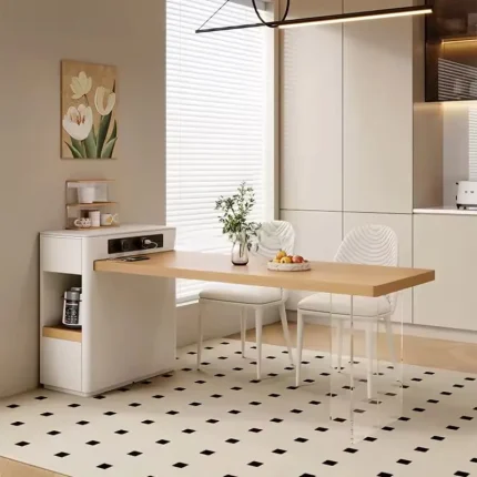 Cream Wooden Dining Table Set – Extendable Island Table with Storage and Chairs, Modern Luxury Kitchen Furniture