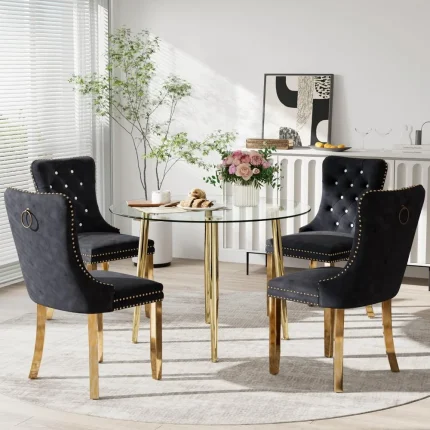 Round 5-Piece Glass Dining Set – 36" Minimalist Table and 4 Velvet Chairs for Compact Luxury Dining
