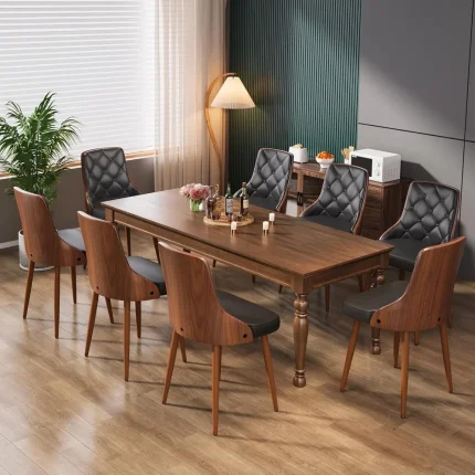 Set of 8 Mid-Century Dining Chairs – PU Leather Upholstery and Walnut Back for Modern Kitchen Appeal