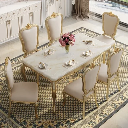 Champagne Gold Solid Wood Marble Dining Table – European Style Luxury Set for Classy Family Gatherings