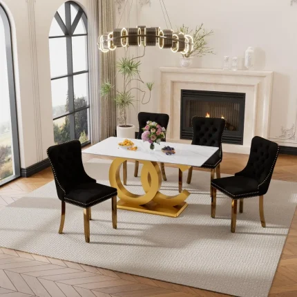 White Faux Marble 5-Piece Dining Set – Large Modern Table with Luxury Glass Top for Elegant Meals