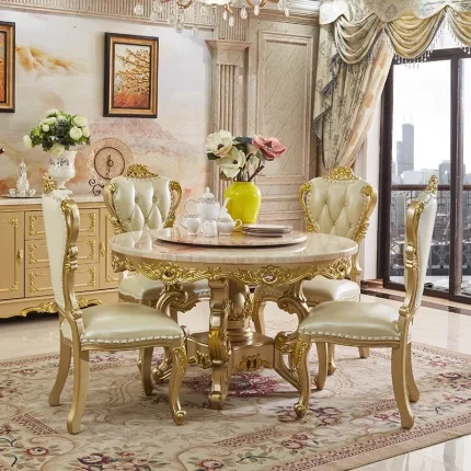 Luxury European Marble Dining Set – Gold Trim Round Table and 6 Solid Wood Chairs for Restaurants