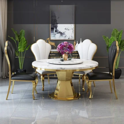 Stainless Steel Round Marble Dining Set – Includes 4 Chairs for Elegant Kitchen or Dining Room Spaces