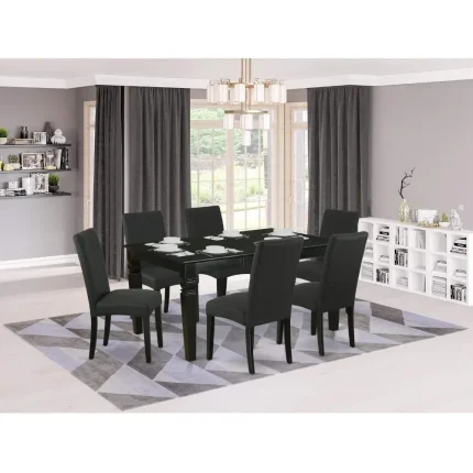 7-Piece Dining Table Set – Rectangle Table with Butterfly Leaf and 6 Stylish Black Dining Chairs