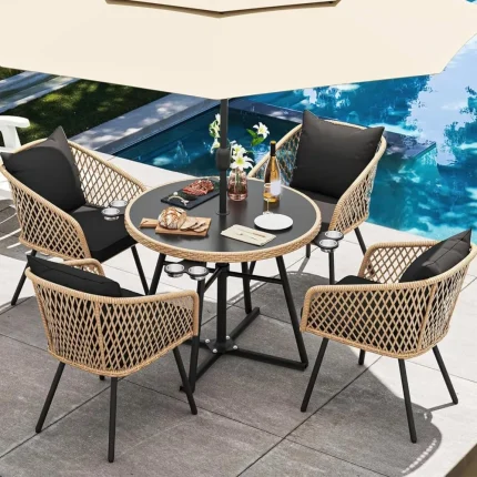 Rattan Patio Dining Set with Umbrella Hole – 5 Pieces with Cushions, Cup Holders and Glass Table