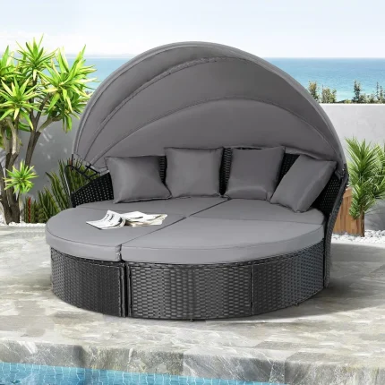 Outdoor Round Daybed with Canopy – Clamshell Style Wicker Lounger with Cushions and Retractable Cover