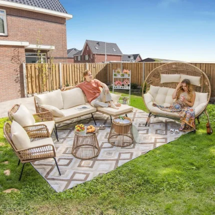7-Piece Beige Boho Patio Set – Includes Stationary Egg Chair and Wicker Sectional Sofa for Outdoors