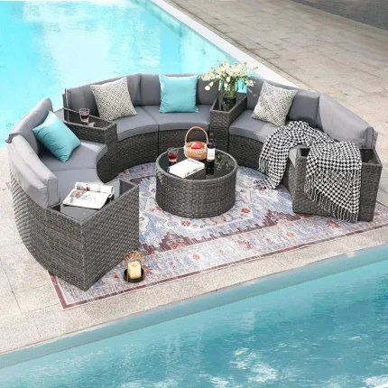 11-Piece Curved Sectional Sofa Set – Stylish Rattan Outdoor Furniture with Coffee Table and Pillows for Entertaining