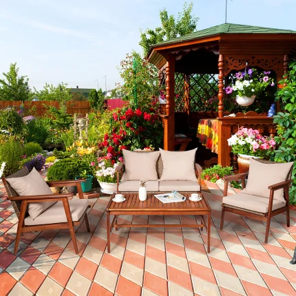 4-Piece Rattan Patio Furniture Set – Acacia Wood Frame Sofa and Chairs for Comfortable Garden Relaxation