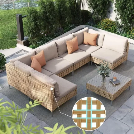 7-Piece Boho Wicker Patio Furniture Set – Cozy Outdoor Conversation Sofa with Thick Cushions and Coffee Table