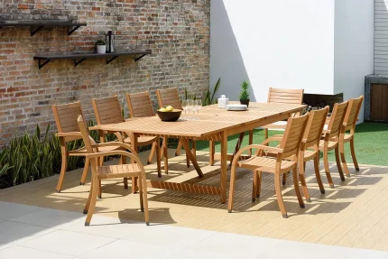 11-Piece Teak Finish Patio Dining Set – Elegant Indoor Outdoor Furniture for Entertaining Family and Friends