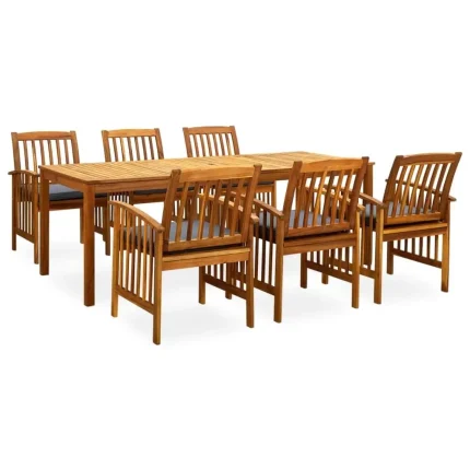 Stylish Outdoor Garden Dining Set with Wood Tabletop and Dark Grey Cushions – Perfect for Backyard Entertaining