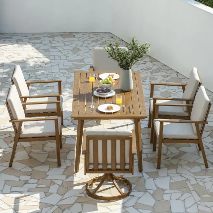 7-Piece Aluminum Patio Dining Set with Teak Accents, Swivel Chairs, Outdoor Furniture for Yard or Garden