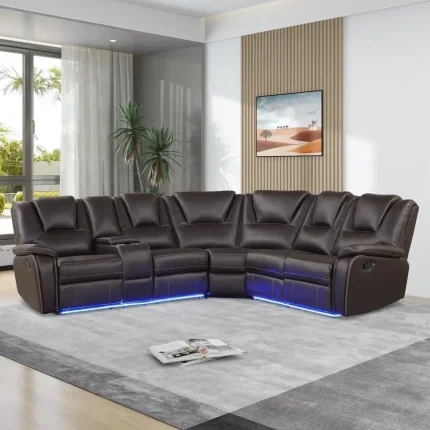 Modern Faux Leather Recliner Sofa Set with LED Lights, Center Console, Symmetrical Manual Couch for Living Room