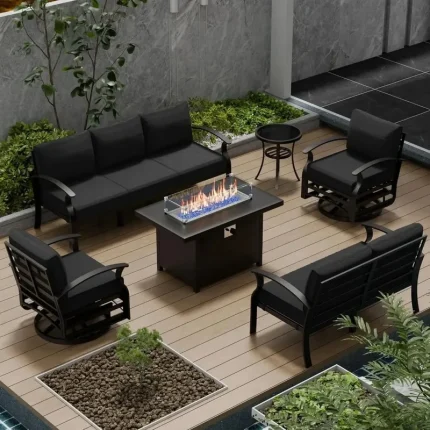 Luxury 7-Piece Patio Set with Fire Pit Table, Swivel Chairs, Modern Aluminum Outdoor Furniture Conversation Set