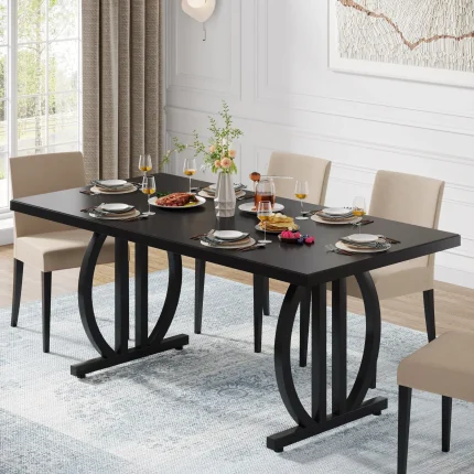 Modern Industrial Dining Table for 4-6 People, Strong Metal Frame and Sleek 63” Wood Surface
