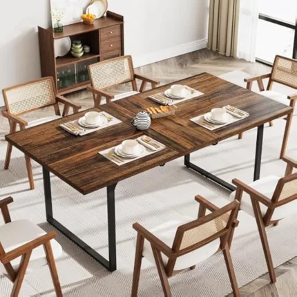 Extendable Rustic Dining Table for 6-8, Sturdy Metal Frame with Expanding Wood Surface, Farmhouse Style