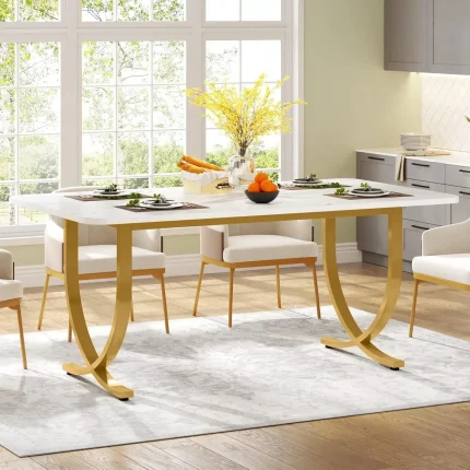 Rectangular Dining Table for 4 to 6, 63-Inch Modern Kitchen Table with Faux Marble Table Top, Kitchen or Living Room