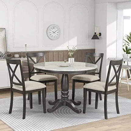 Round Faux Marble Dining Table Set with 4 Chairs – Small Kitchen Table Set for Modern Homes
