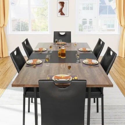 7-Piece Dining Table Set for 4-6 with Waterproof Wood Tabletop and 6 PU Upholstered Chairs