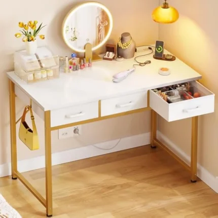Girls Vanity Desk Without Mirror – Drawers, Power Outlet, Hooks for Organized Bedroom Makeup Station