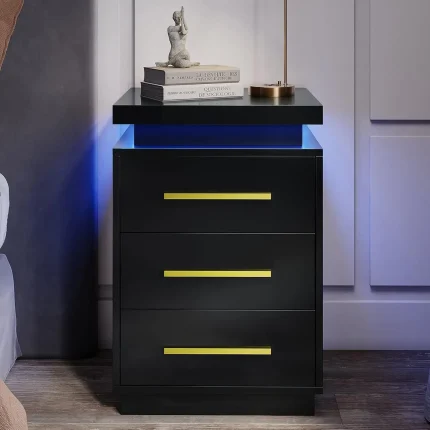 Belleze Nightstand with 3 Drawers, LED Lights, Remote Control Bedside Table for Modern Bedroom Decor
