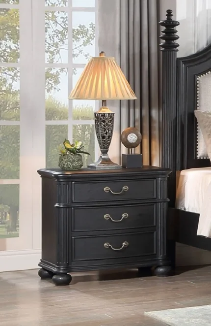 Traditional 3 Drawer Vintage Nightstand in Black Gray, Antique Bedside Table Furniture for Bedroom Style
