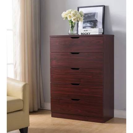5 Drawer Bedroom Dresser Cabinet in Mahogany Finish with Cut-Out Handles, Stylish Chest for Storage