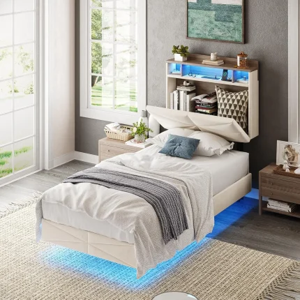 Vabches Floating Twin Bed Frame Upholstered with LED Lights, Storage Headboard, Power Outlet for Bedroom
