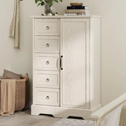 Vabches 48" Tall Bedroom Dresser with Sliding Door, 5 Drawers Wooden Chest Cabinet for Storage
