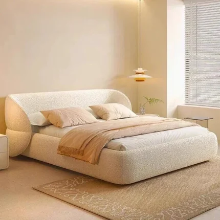 Italian Minimalist Double Bed – Modern Cream Designer Letto Matrimoniale for Adults, Comfortable Luxury Bedroom Furniture