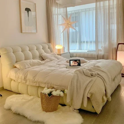 Modern Minimalist Nordic Double Bed – White Luxury Bedroom Furniture for Kids & Adults, Complete Set