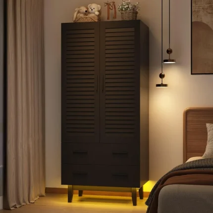 Multi-Tier Armoire with Drawers, LED Light, Louver Doors and Hanging Rod – Spacious Bedroom Wardrobe