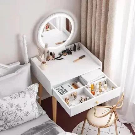 Lighted Mirror Vanity Desk with Drawer, 50–70cm Modern Bedroom Makeup Table Storage and Shelf Combo