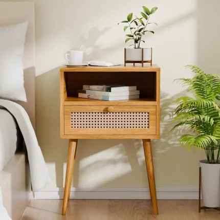 Modern Rattan Nightstand with Drawer, Small End Table for Bedroom or Living Room Style Upgrade