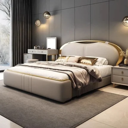 King Size Bed Frame with Japanese Headboard, Double Gaming Bed for Full and Queen Bedroom Use