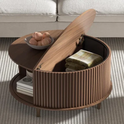 Round Mid-Century Modern Coffee Table with Storage – 31.5" Living Room Table with Sliding Cabinet Door
