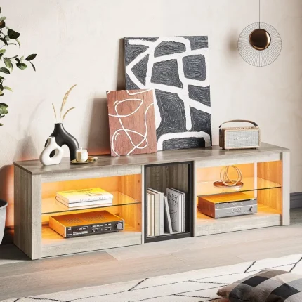 LED TV Stand for 70'' TVs – Glass Shelves, Modern Gaming Entertainment Center with Sleek Design