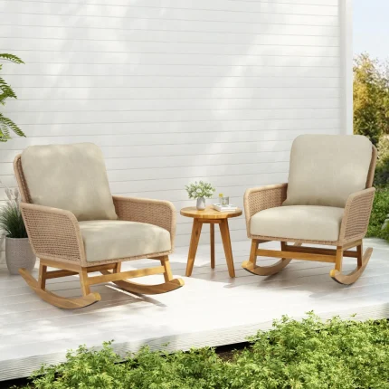 Modern 3-Piece Rattan Rocking Chair Set – With Table, Cushions – Ideal for Balcony or Patio Relaxing